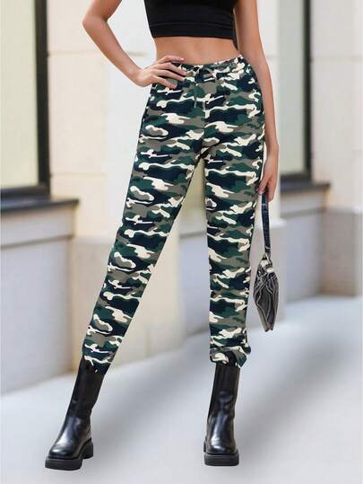 Women's Green Camouflage Print Jogger Pants High Waist Drawstring Elastic Cuff Casual Trousers For Streetwear