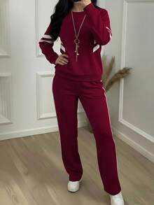 女士条纹印花长袖棕色上衣外套和休闲直筒裤套装，弹性面料，百搭春季穿搭，两件套 - 酒紅色 - 查看 4