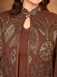 SUPGIR [Cetakan Acak] Gaun Malam Wanita Ukuran Besar Lengan Panjang dengan Sabuk Pinggang Bolak-balik Berpayet dan Patchwork Musim Semi Cokelat Musim Gugur - Coklat - View 3