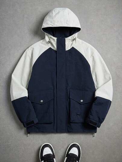 Áo khoác dài tay có mũ, kiểu dáng rộng rãi, thời trang, phối màu tối giản dành cho nam giới cỡ lớn.