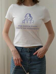 1pc Women's Summer Fitted Round Neck Short Sleeve T-Shirt, Cartoon Character English Graphic Print - White - View 2