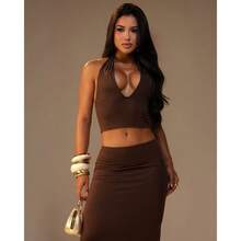 Women's Set: Backless Cropped Top With V-Neck + Long Skirt With Slit, Elegant For Parties. - Rust Brown - View 2