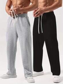 2pcs Men's Solid Color Drawstring Waist Sports Pants With Pockets - Casual Athletic Trousers Suitable For Running, Gym And Outdoor Activities - Light Grey - View 1