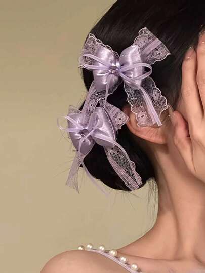 مشبك شعر بفيونكة من الدانتيل البنفسجي، ديكور شريط أسلوب راقصة الباليه، دبوس شعر ذو ذيلين للنساء