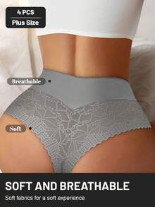 MEIYATING 4pcs/Pack Plus Size Women Lace Trim Mesh Splice Soft Comfortable Sexy Thong Panties - Multicolor - View 4