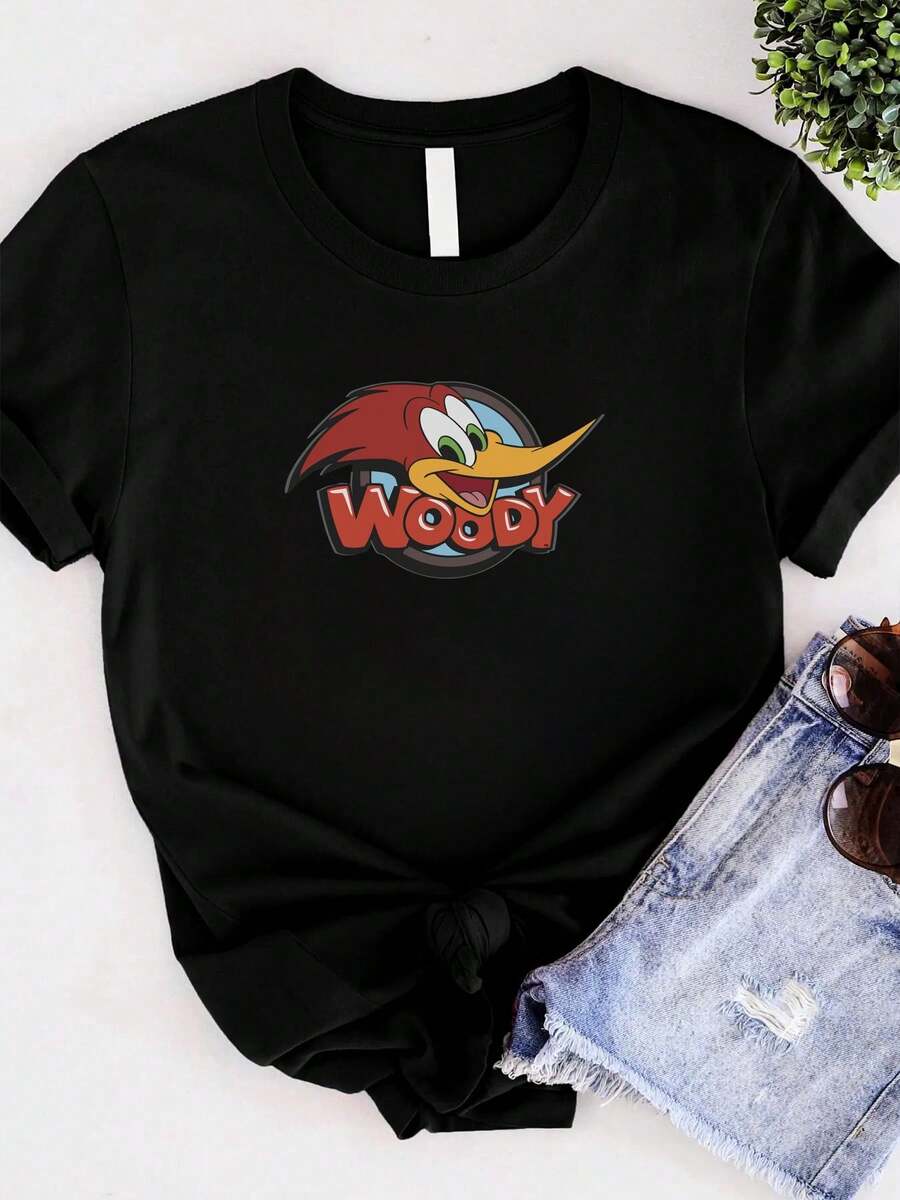 Women T-Shirt Print Rare VTG Woody The Woodpecker Graphic T Shirt 90s Animated Cartoon Promo Brown - 黑色 - 查看 1
