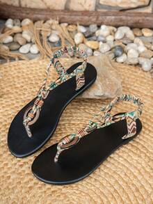 Sandalias de chanclas tejidas retro para mujer, zapatos planos de estilo bohemio para uso diario y al aire libre - Albaricoque - Ver 6