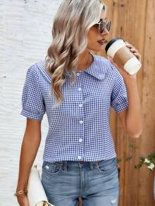 Women's Cute Peter Pan Collar Lantern Sleeve Casual Blouse, Suitable For Daily, Holiday, Commute, All Seasons Summer - Blue and White - View 5