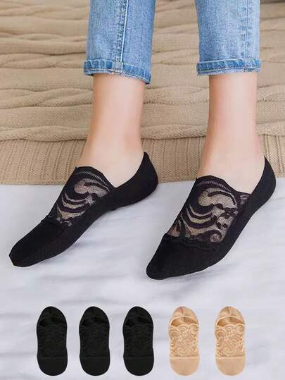 1/5/10 Đôi tất ngắn chống trượt bằng silicon, lưới hoa ren thoáng khí, tất thuyền mỏng gợi cảm, không lộ viền, thích hợp cho mùa hè