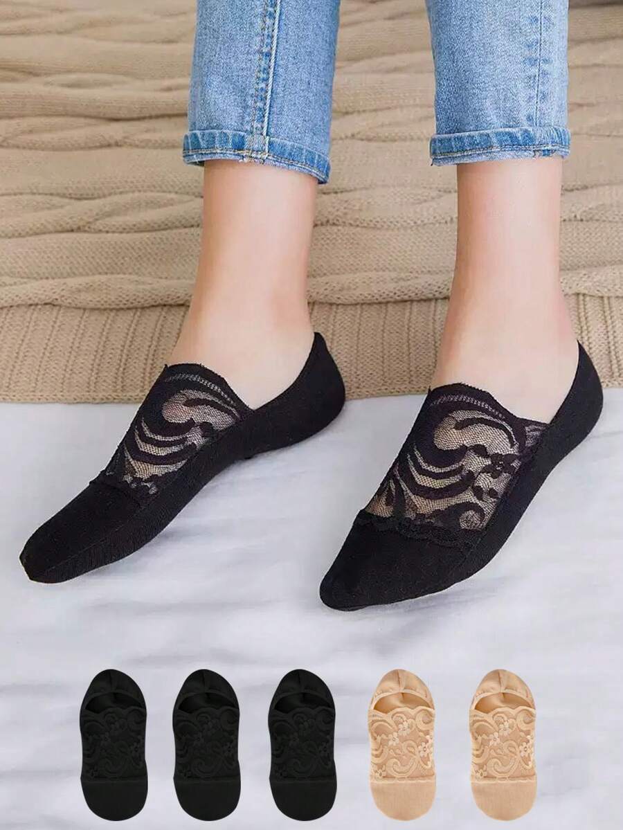 1/5/10 Pairs Silicone Anti-Slip Lace Floral Mesh Breathable Short Socks, Sexy Thin Low-Cut Invisible Boat Socks For Summer - Multicolor - View 1