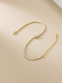 Shescity 1pc Elegant White Cubic Zirconia Inlaid Bracelet, Suitable For Women's Wedding And Banquet Wear - Yellow Gold - View 5