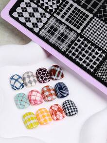 1片格子美甲印花板，菱形格子图案Y2K风格印花模板，美甲配件工具，美甲沙龙用品 - 彩色 - 查看 9