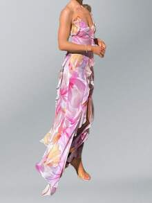 French Print Dress With Straps, Ruffles And An Irregular Cut For Spring - Purple - View 2