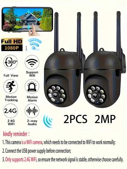2 piezas Cámara de inalámbrica interior HD 1080P, con visión nocturna, audio bidireccional, panorámica/inclinación, compatible solo con WiFi de 2.4G, monitoreo inteligente del hogar, seguimiento de movimiento, alimentada por USB, adecuada para monitoreo del hogar y mascotas, diseño elegante en negro