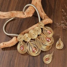 夸张多层铝丝编织手工串珠项链耳环套装，时尚复古波西米亚风格，适合派对、婚礼、度假等场合。 - 金色的 - 查看 8