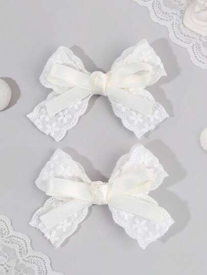 2pcs Flower Printed Hair Bows For Girls Creamy White Knotted Bow Alligator Clips Elegant Wedding/Vacation Hair Clips Simple Daily Barrettes Solid Color Hairpins Teens Hair Accessories
