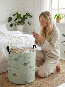 1个卡通恐龙图案可折叠圆形收纳篮，带提手，大容量多用途收纳箱，适用于婴儿房、尿布、衣物、玩具等收纳整理。 - 彩色 - 查看 7