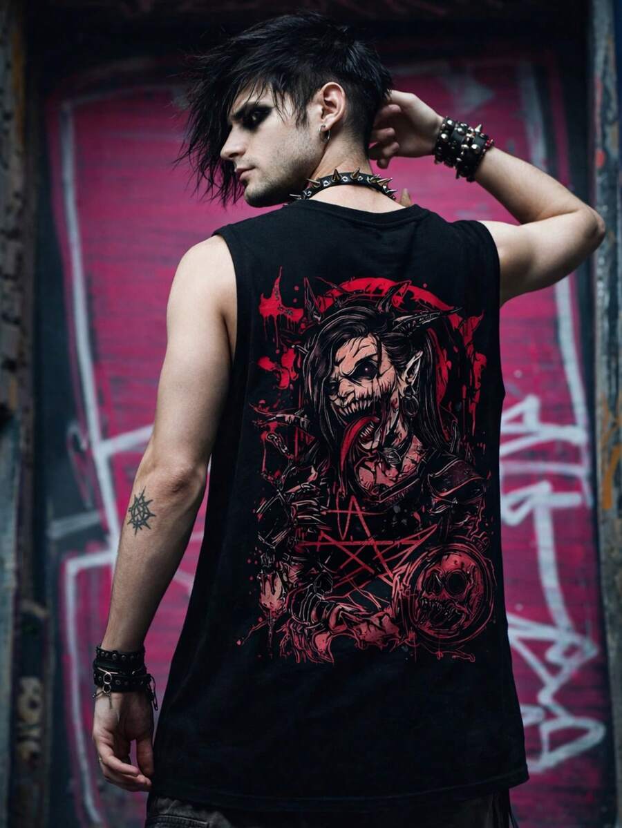 Camiseta de tirantes con estampado de calavera gótico punk para hombres, estilo callejero con ajuste muscular - Negro - Ver 1