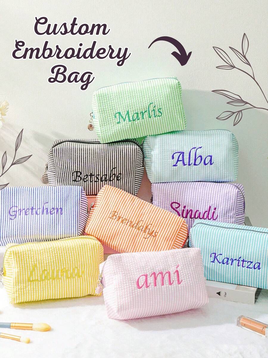 1pc Customized Embroidered Minimalist Square Cosmetic Bag, Makeup Bag, Skincare Pouch, Travel Organizer, Essential For Travel, Cruise, Dorm, Bridesmaid Gift, Mother's Gift, Birthday Gift, Friend & Teacher Gift, Home Decor, Bathroom, Bedroom, Jewelry, Lipstick, Nail Polish Storage - Multicolor - View 1