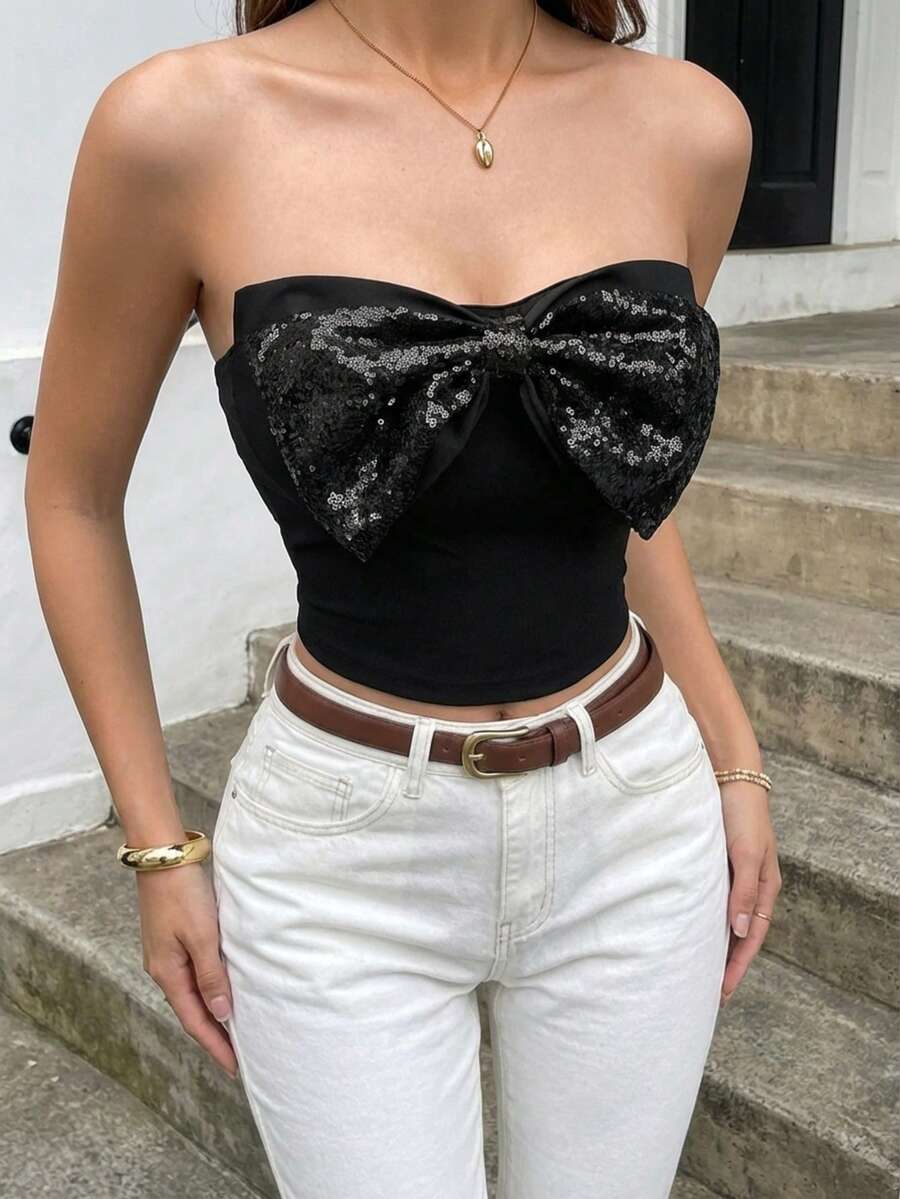 女士优雅黑色亮片大蝴蝶结无肩带露脐上衣，时尚性感派对上衣 - 黑色 - 查看 1