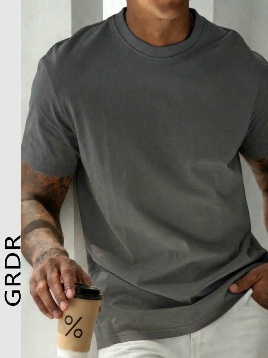 GRDR Men's Retro Minimalist Solid Color Washed Short Sleeve T-Shirt, Suitable For Summer, Comfortable & Breathable, Leading Fashion - Dark Grey - View 1