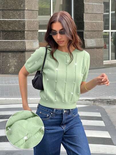 Damen Lässig Elegant Romantisch Bequem Büro Einfarbig Gestrickter Rundhals Kurzarm Top, Basic T-Shirt für Urlaub, Schule, Alltag, Frühling/Herbst/Sommer