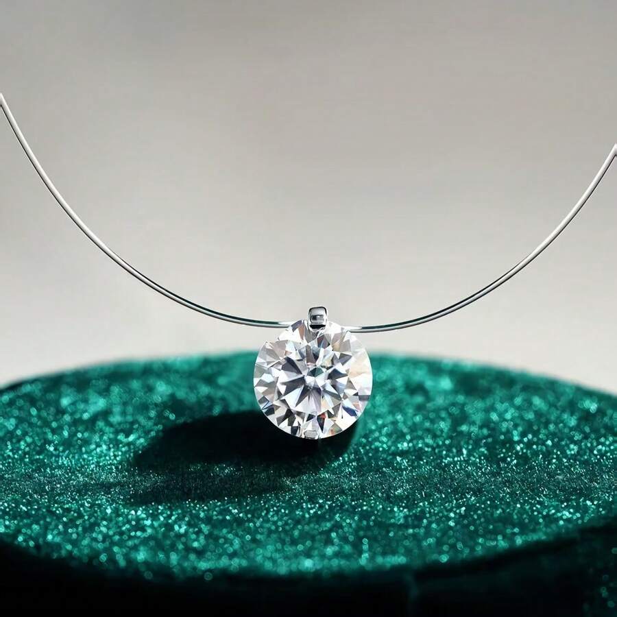 Sterling Silver Moissanite Fishing Line Pendant Invisible Necklace, Fashionable, , Elegant, Casual, Classic, Simple Design, Suitable For Him/Her, Birthday, Anniversary, Valentine's Day, Mother's Day, New Year Gift, With Gift Box