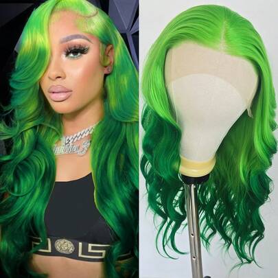 Ombre Green Long Wavy Synthetic 13X4 Lace Front Wig, Heat Resistant Natural Hairline For Daily Wear & Cosplay