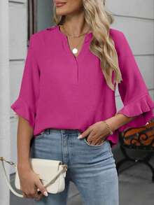 Blusa de unicolor con cuello en V y mangas con volantes para mujer talla grande, primavera - Rosa Fucsia - View 2