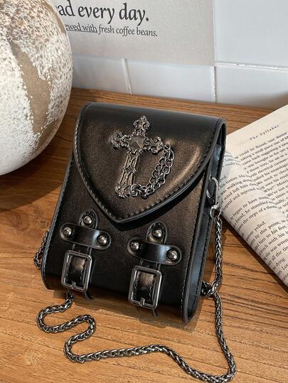 Gothic Cross Body Bag, Niche Edgy Biker Chic Fashion Rivet Shoulder Bag, Mini Crossbody Phone Pouch For Women