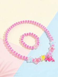 Bộ 2 món trang sức mặt dây chuyền hình chim hồng hạc dễ thương, gồm dây chuyền và vòng tay, thích hợp cho bé gái mặc hàng ngày, đi biển, phong cách thường ngày hoặc làm quà tặng dự tiệc. - Một cỡ - Xem 1