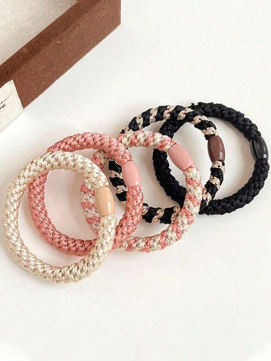 5 piezas Scrunchies de pelo trenzados de colores mixtos para mujeres, lazos de pelo de alta elasticidad, accesorios de pelo para damas adecuados para varios peinados, uso casual, de compras, de fiesta, de cita, sujetadores de cola de caballo, bandas de goma para el cabello, verano, vacaciones, viajes, festivales, cumpleaños - Multicolor - Ver 1