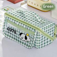 1pc Cute Large Capacity Plaid Check Dog Pencil Case, Cartoon Multifunctional Stain Resistant Stationery Bag, Flip-Top Magnetic Buckle Stationery Pouch Clear Transparent Front Pocket For Primary School Students - Multicolor - View 14