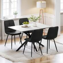White Marble Table + 4 Black Linen Chairs