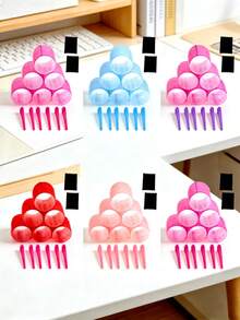 2.56 Inch 14pcs/Set Self-Adhesive Curler Set, Includes 6 Curlers And 6 Clips + 2 Bangs Clips, Salon Quality Curler For DIY Hairstyling, No Heat Curler - Pink - View 1