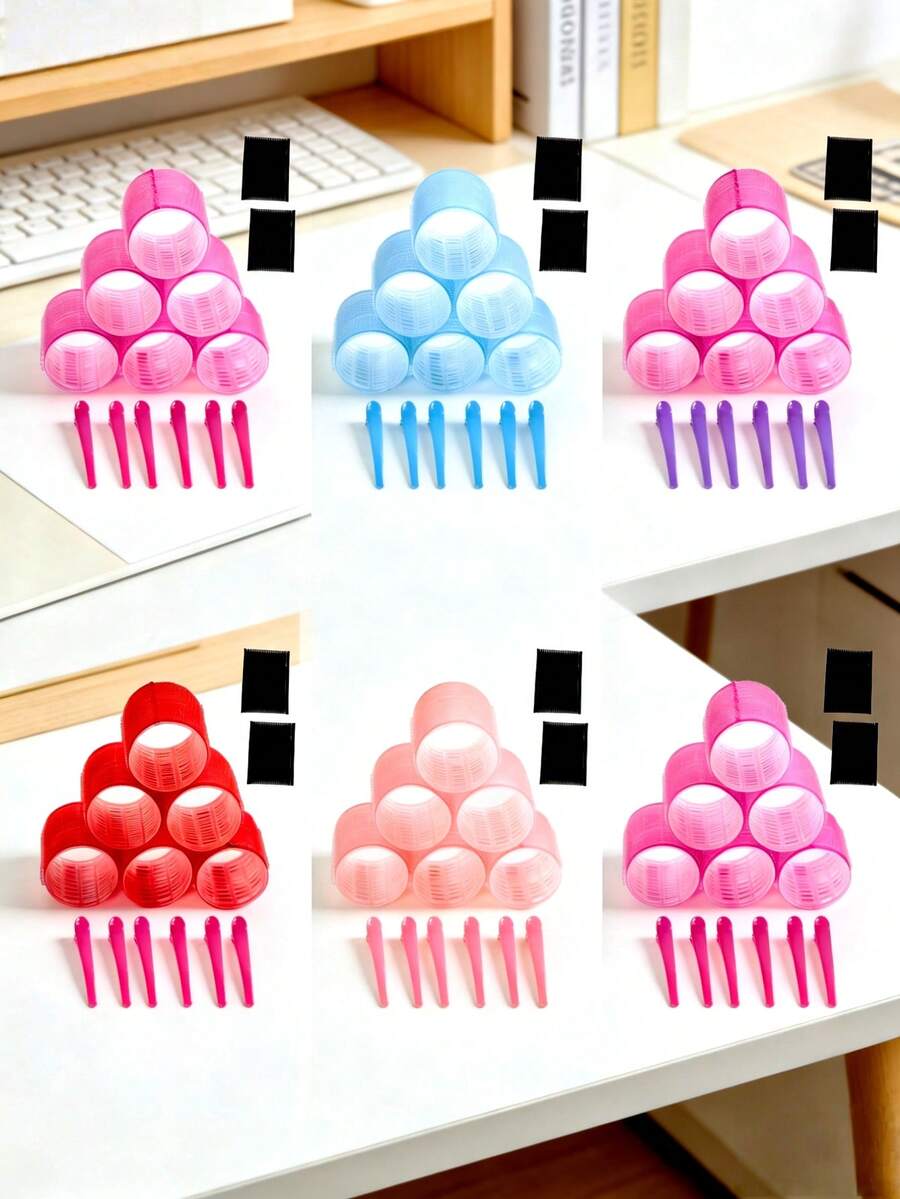 2.56 Inch 14pcs/Set Self-Adhesive Curler Set, Includes 6 Curlers And 6 Clips + 2 Bangs Clips, Salon Quality Curler For DIY Hairstyling, No Heat Curler - Pink - View 1