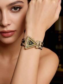 Guess Fame Series Women's Quartz Watch, Leopard Print Leather Strap, Crystal Triangle Case, Fashionable Accessory Versatile Watch, Elegant Elegant Dress Watch For Work, Daily Gathering, Brand Gift With Exquisite Original Watch Box, First Choice For Anniversary Gift GW0504L3 - Gold - View 2