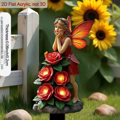 2D平面图 - 这是一幅2D平面印刷艺术品，描绘了一位手持红玫瑰的天使，可作为花园装饰品。也可作为优雅的亚克力艺术品用于花盆景观装饰。