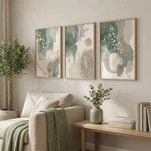 Japanese-Style Plant Wall Art, Abstract Watercolor Leaf Flower Posters, Sage Green And Beige Prints, Minimalist Floral Art, Modern Decor, Home Decoration For Living Room Bedroom, Wall DecorOptional Frame - Multicolor - View 2