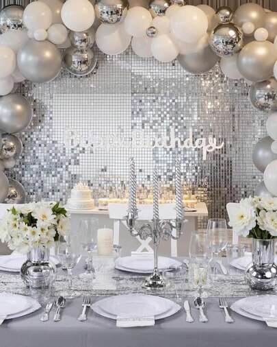 Nervure 350PCS Silver Plastic Dinnerware - White And Silver Disposable Plates For 50 Guests - 100 Disposable Plates, 150 Plastic Silverware, 50 Cups, 50 Napkins For Wedding &Amp; Party