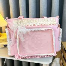 Ita Crossbody Tote Bag, Pin Display With Insert Large Messenger Bag, Cute Tote Bag With Zipper Ruffle, Japanese Aesthetic Y2k - Hồng - Xem 5