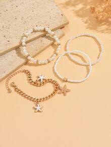 4pcs/Set Fashionable Ocean Style Starfish Pendant Elegant Faux Pearl Beaded Bracelet, Bohemian Multi-Layer Wearable Jewelry For Women, Suitable For Daily Wear, Beach, And Travel - Multicolor - View 3