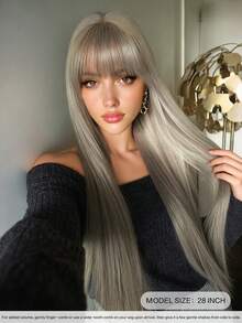 NICKY WALL 28英寸超长直发灰色假发，女士款，自然逼真，带齐刘海，高密度蓬松耐热合成纤维，适合日常佩戴，母亲节礼物之选。 - 灰色 - 查看 3