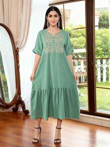 2026 New Style Ramadan Traditional Elegant Green Dress, Featuring Metallic Gold Embroidery, Stand Collar Design, Fashionable And Graceful Modest Dress - Mint Green - View 2