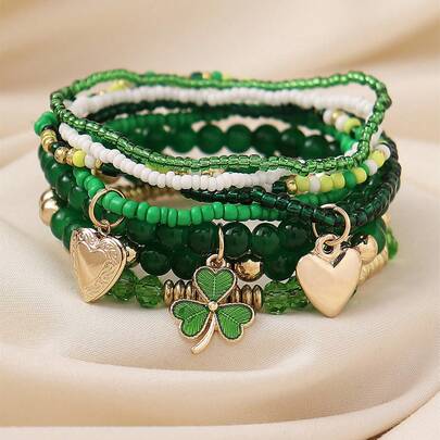 8pcs/Set Bohemian Four-Leaf Clover Glass Beads Expandable Elastic Bracelet, Vacation & Beach Accessories