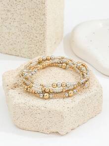 4pcs Bohemian Style CCB Beaded Elastic Bracelets, Multi-Layer Stacking Beaded Bracelet Set For Women - Gold - View 3