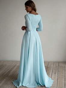 Solid Color Elegant Pleated Knit Wedding Guest Dress Spring - Baby Blue - View 2