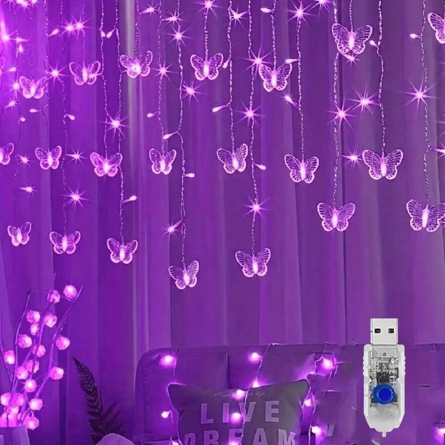 1組魔幻蝴蝶LED燈簾燈－96顆LED燈，8種模式，USB供電，仙女燈，適用於嬰兒房、臥室、婚禮、派對、宿舍、露台裝飾、嬰兒洗禮、居家裝飾禮物