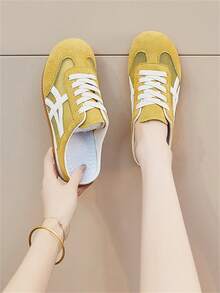 Shoes Giày thể thao đế bệt thoáng khí mùa hè cho nữ, giày buộc dây kiểu retro, giày đi bộ đế bằng nhẹ, chống trơn trượt. - Màu vàng - Xem 2