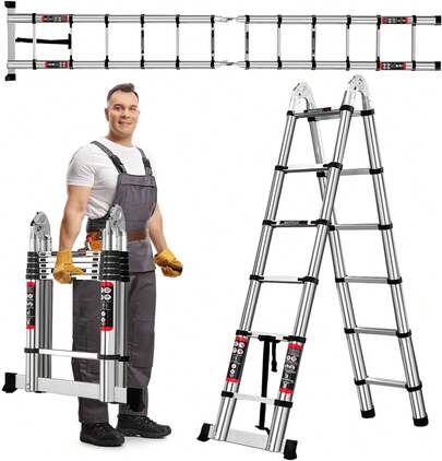 ZanGe Escalera Telescópica 4.4M con 2 Ganchos, Escalera Plegable de Acero Inoxidablede, Escalera de Extensión Portátil, Ajuste de Altura, Capacidad de 150kg, Más Duradera y Ligera